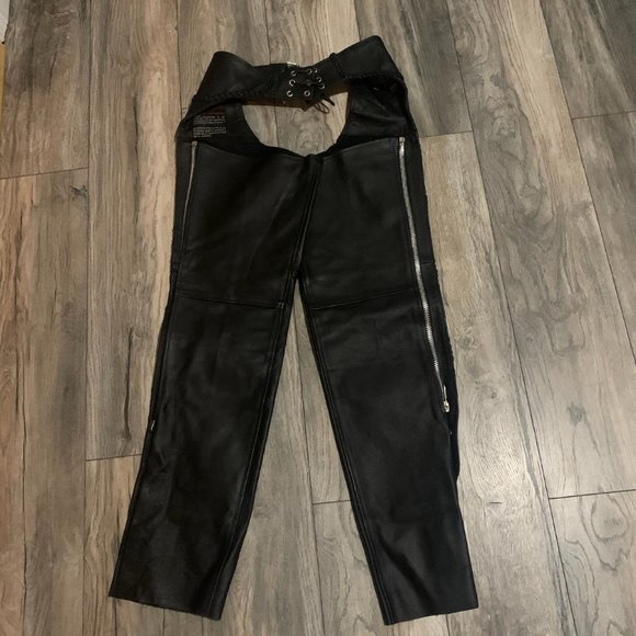 HIMALAYA MOTOR BIKE WEAR BLACK LEATHER MOTORCYCLE RIDING CHAPS 2XS-EUC - Picture 3 of 6
